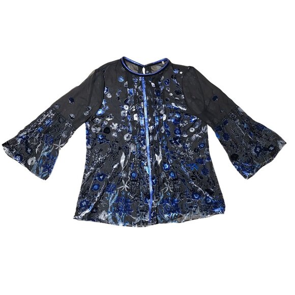 Tahari Peasant Top Womens Medium Burnout Velvet Floral Bell Flare-Sleeve Sheer - Picture 1 of 12